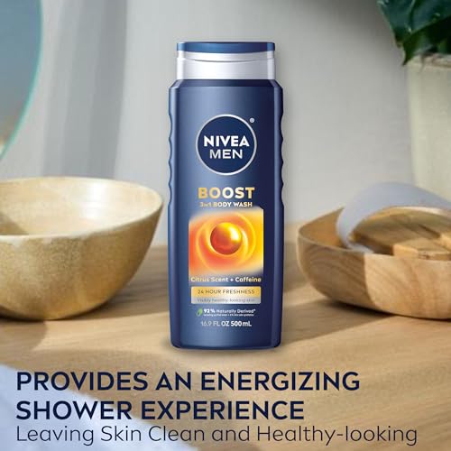 Nivea Men Boost 3-in-1 Body Wash, Citrus Scent and Caffeine Enriched Men's Body Wash Cleanses Face, Body and Hair, 16.9 Fl Oz Bottle, Pack of 3 - Image 4
