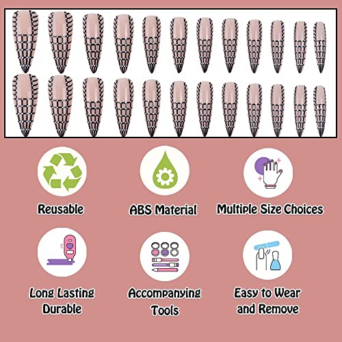 Black Stiletto Press on Nails Medium Long Fake Nails Glue on Nails for Women with Glossy Chessboard Grid Design Cute Acrylic False Nails Full Cover Stick on Nails for Wedding Birthday 24Pcs - Image 3