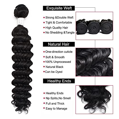 Women Hair Extensions 10A Virgin Human Hair Weft Bundles for Women Silky Natural Black Brazilian Human Hair Bundles Straight Body Loose Curly Weave 1-3 Bundles Double Weft Hair Extensions.(18 INCH, Deep Wave) - Image 5