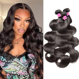 Beauty Queen Body Wave Bundles Human Hair (18 16 14 Inch) 16A Brazilian Virgin Human Hair Bundles 100% Unprocessed Weave 3 Bundles Full And Thick Remy Hair Extensions Natural Color
