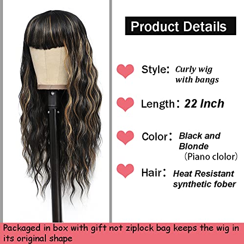 X-TRESS 22 Inches Synthetic Highlight Wigs with Bangs Synthetic Natural Curly Bang Black and Blonde Wigs for Women Synthetic Hair Heat Resistant Fiber Hair Wigs for Daily Party 1b/27 Wig(F1B/27) - Image 2