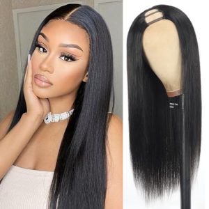 16Inch U Part Human Hair Wigs for Black Women Brazilian Straight Human Hair Wigs 180% Density Glueless Natural Color U-part Wigs Human Hair