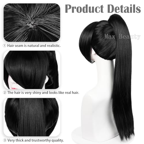 LABEAUTÉ 28 inch Long Straight Black Cosplay Wig with Ponytail and Bangs, Heat Resistant Synthetic Fiber, Includes Wig Cap - Image 4