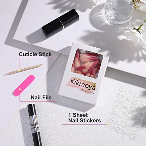 Kikmoya 24pc Extra Long Coffin Red Glitter French Tip Press On Nails for Women - Image 4