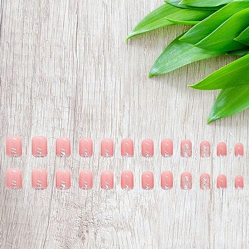 24Pcs Press on Nails Short Round Nails,Gold French Tip Nude Pink Fake Nails with Gold Glitter Acrylic Artificial Glossy Design Glue on Nails Full Cover Stick on Nails for Women Girls Nail Decoration - Image 6