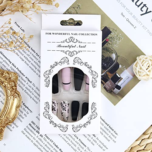 Press on Nails Medium Acrylic Fake Nails Black Leaves Gold Glitter Nail Tip Nail Design False Nails Acrylic Black Stick on Nails for Women for Nail Art Nail Art Decorations 24PCS - Image 2