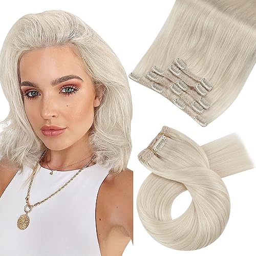 Moresoo Blonde Clip in Hair Extensions Real Human Hair Platinum Blonde Hair Extensions Clip ins Human Hair Blonde Human Hair Clip in Extensions Double Weft 14inch 5Pieces 70G