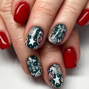Short Square Red Christmas Press On Nails with Green Lantern Design 24 Piece Set