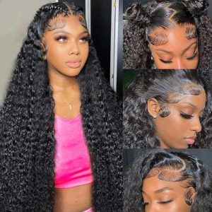 Deep Wave Lace Front Wigs Human Hair 13x4 Frontal HD Lace Wig Pre Plucked Bleached Knots With Baby Hair 180 Density Brazilian Wet and Wavy Curly Human Hair Wigs for Women 22inch