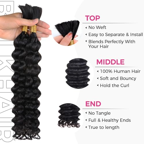 Human Braiding Hair Deep Wave Bulk Human Hair for Braiding 100% Virgin Hair Bulk 100g 2 Bundles/Pack No Weft Human Hair Extensions For Boho Braids Knotless Braid Box Braid Natural Black 18 Inch - Image 3