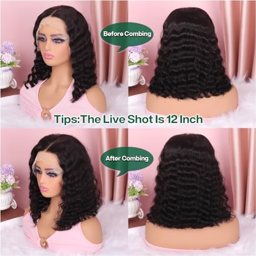 Deep Wave BOB Wig Human Hair HD Lace Front Wigs for Black Women Human Hair Glueless Invisible Lace Wigs Human Hair Pre Plucked Water Wave 180 Density Human Hair Wig 13x4 Frontal Wig 14 Inch - Image 3