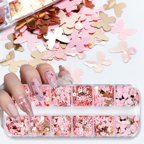 12Grids Valentine's Day Nail Glitter Sequins Holographic Gold Pink Heart Nail Art Glitter Flakes 3D Flower Rabbit Butterfly Charm Nail Sequins Glitter Nail Supplies for Acrylic Nail Decor Accessories - Image 5