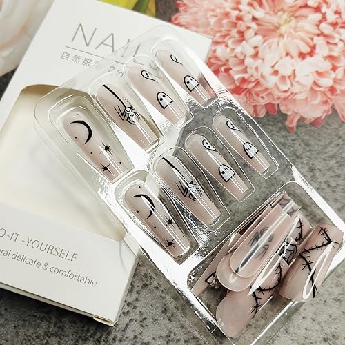 24Pcs Halloween Press on Nails Long Fake Nails Black Spider Web French Tip False Nails Cute Ghost Spider Star Moon Nails Design Halloween Glue on Nails Full Cover Square Acrylic Nails Kit for Women - Image 3