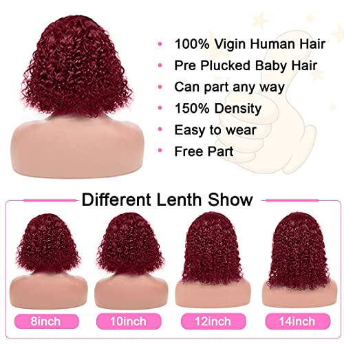 Short 14 Inch 99J Burgundy Curly Human Hair Bob Wig for Black Women with Lace Part - Image 4