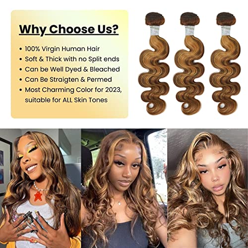Honey Blonde Highlight Human Hair Bundles Brazilian Body Wave 3 Bundles 16 18 20 inch, 100% Virgin Human Hair Bundles Ombre Wavy 4/27 For Women Colored Human Hair Sew In Weave 10A Remy Bundles - Image 6