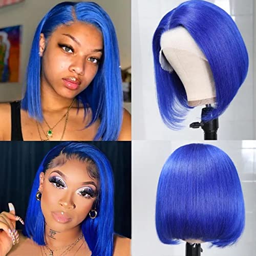 Blue Bob Silky Straight Colored 13x4 Lace Front Wigs Middle Part Pre Plucked Natural Hairline Blunt Cut Wig for Women Can Be Perm Glueless 150% Density Brazilian Remy Human Hair Wigs Pre Plucked Human Hair