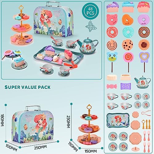 48pc Mermaid Tea Party Set for Little Girls,Birthday Gifts for Age 3 4 5 6 Year Old Girls,Pretend Tin Teapot, Cups, Plates,and Food Sweet Treats Playset for Princess Tea Time Play Kitchen Toys - Image 3