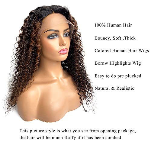 Human Hair Highlights Lace Front Wig for Black Women,13x6 T-Part Lace Wig Deep Wavy 24 Inch Ombre Colored Brown Highlights Curly Human Hair Wig Pre Plucked with Baby Hair Bleached Knots 150% Density - Image 2