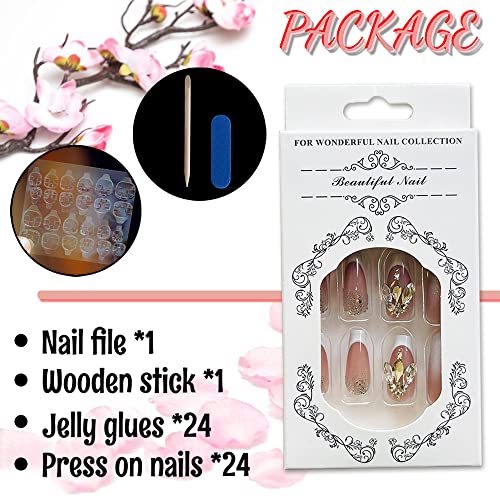 French Tip Press on Nails Medium Length Coffin Fake Nails with Rhinestones Design Glue on Nails Silver Glitter Full Cover False Nails Glossy Stick on Nails for Women Girls 24Pcs - Image 6