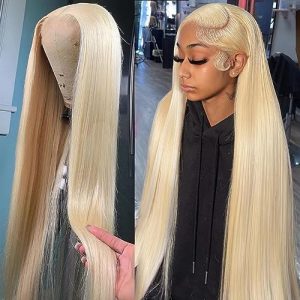 24 Inch Long Straight Blonde Human Hair Wig #613 with 13x4 Lace Front