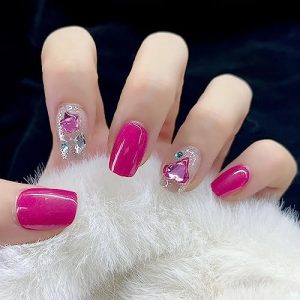MISUD Press on Nails Short Square Fake Nails Glossy Glue on Nails Bling Glitter Squoval Acrylic Nails Summer Hot Pink Gel Arificial Nails Luxury 3D Rhinestone Stick on False Nails with Design 24 pcs