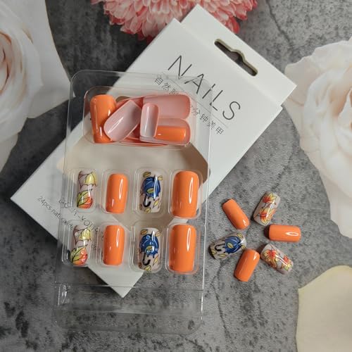 24Pcs Fall Maple Leaf Press on Nails Medium Coffin Fake Nails Maple Leaves Acrylic Glue on Nails Full Cover Orange Autumn Square False Nails Thanksgiving Stick on Nails for Women Holiday Manicure - Image 4