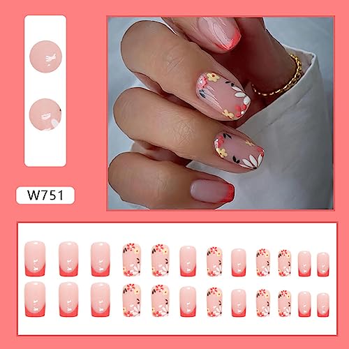 24Pcs Medium Press on Nails Square Fake Nails French Tip Full Cover Glue on Nails with Multicolor Designs Flower False Nails Glossy Pink Acrylic Stick on Nails DIY for Women - Image 2