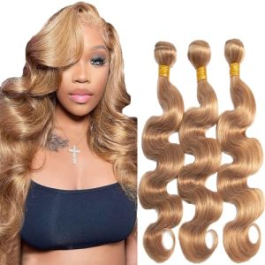 27 Body Wave Bundles Honey Blonde Bundles Human Hair 16 18 20 Inch Weave Extensions Hair 8A Grade Blonde Body Wave Human Hair Bundles Soft And Healthy for Women