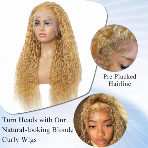 Honey Blonde Curly Wig Human Hair 12 Inch 13x4 Blonde Deep Wave HD Lace Front Wigs Pre Plucked with Baby Hair #27 Color Blonde Water Wave Lace Closure Human Hair Wig 150 Density for Women - Image 2