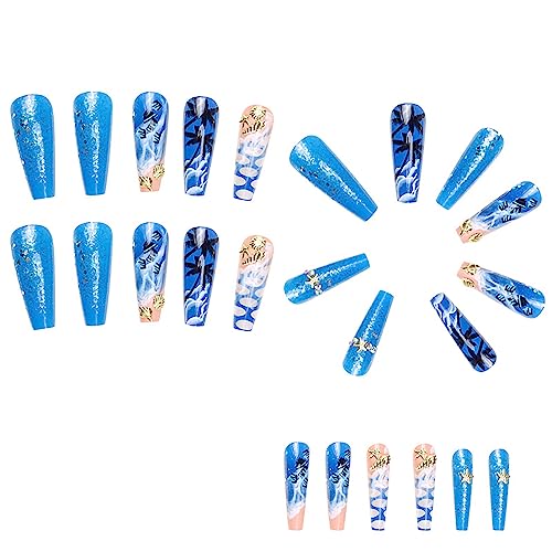 Super Long Press on Nails Coffin Fake Nails Summer Light Blue Nails Press on False Nails with Glitter 3D Gold Sea Ocean Wave Coconut Tree Shell Conch Design for Women Girls DIY Nail Charms Decorations - Image 2