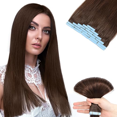 Tape in Hair Extensions Human Hair, Professional Grade Remy Human Hair Tape in Extensions, Silky Texture &Full Thick Ends, 20pcs/50g Chocolate Brown, 20 inch(#4)