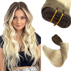 Sew in Hair Extensions Real Human Hair, Ombre Blonde Human Hair Sew in Extensions Ash Brown to Platinum Blonde 16 Inch Hand-Tied Weft Hair Extensions Human Hair Bundle 100G Weave Hair Extensions