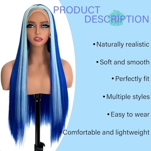 Blue Highlight Wigs Long Straight Hair Natural Looking Heat Resistant Glueless Hair Blue Hair Synthetic Lace Front Wigs for Fashion Women - Image 2