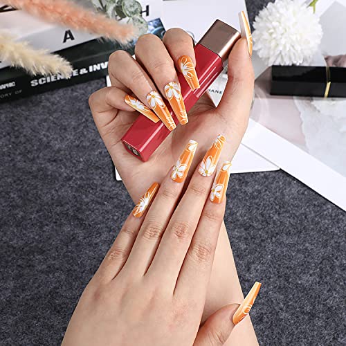 Long Press on Nails Coffin Fake Nails with Nail Glue Full Cover Orange False Nails with Flower Designs Acrylic Artificial Nails Stick on Nails for Women Nail Decorations 24Pcs - Image 4