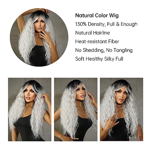 Allbell Long White Wigs for Women Curly Wigs with Bangs Heat Resistant Natural Synthetic Cosplay Wavy Wigs with Black Roots - Image 5