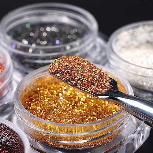6 Jars Holographic Nail Art Glitter Sequins Kits, Metallic Shining Pigment Acrylic Powder 3D Nail Art Jewelry Glitter Dust Sequins Dipping Powder for Nails Art Decoration Gel Polish Manicure, 6 Colors - Image 3