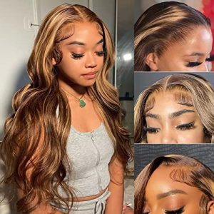 Ombre Lace Front Wig Human Hair - 4/27 Colored Honey Blonde Body Wave Glueless Lace Front Wigs Human Hair Pre Plucked, 180% Density 13x4 HD Transparent Highlight Lace Front Wig Human Hair for Women