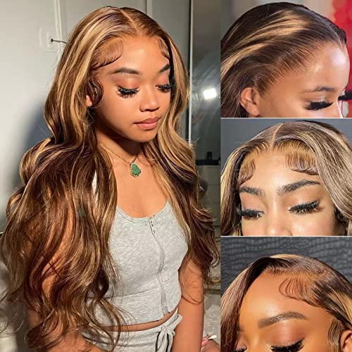 Ombre Lace Front Wig Human Hair - 4/27 Colored Honey Blonde Body Wave Glueless Lace Front Wigs Human Hair Pre Plucked, 180% Density 13x4 HD Transparent Highlight Lace Front Wig Human Hair for Women