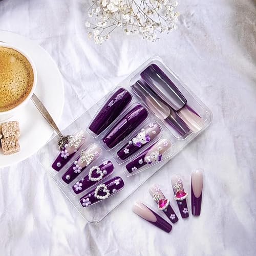 Holiday Press on Nails Long Coffin French Tip Purple Fake Nails with 3D Cat and Flower Designs for Women - Image 5