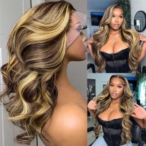 Lovigs Highlight Lace Front Wig Human Hair 13x4 Transparent Lace Ombre Body Wave Lace Front Wig Human Hair Pre Plucked with Baby Hair Glueless Human Hair Wigs for Women(16 Inch)