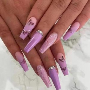 Valentine's Day Hottie Long Coffin Press on Nails 3D Charm Hot Glitter Rhinestone Heart Pearl Bow Long Ballet Trapezoid Fake Nails 24Pcs (Pink Purple Butterfly Rhinestone)