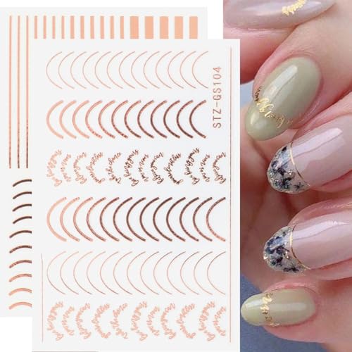 French Tips Nail Art Stickers - 3D Simple Lines Nail Stickers 6PCS Golden Rose Silver Curve Stripe Line Design French Nail Decals Self-Adhesive Nail Art Supplies Swirl Gel Nail Sliders for Women Girls - Image 2