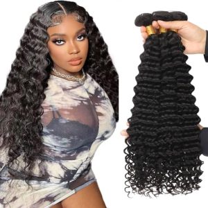 Loose Deep Wave Human Hair Bundles 22 24 26 Inch Natural Black Color Deep Curly Human Hair Bundles 8A Brazilian Unprocessed Virgin Hair Deep Wave Bundles Hair Weave