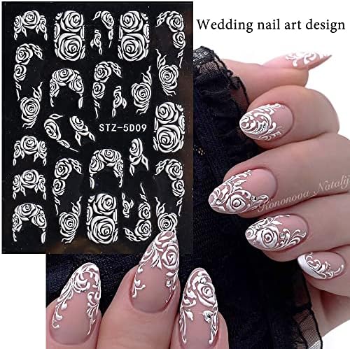 Flower Nail Art Stickers Decals, 8 Sheets 5D Engraved Flower Nail Decals White Wedding Nail Art Accessories French Tips Nail Designs Self Adhesive Lace Flower Carving Nail Stickers for Women Girls - Image 4