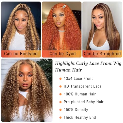 LuAiJa Highlight Curly Lace Front Wig Human Hair 13x4 Ombre Curly Wig Human Hair HD Lace Frontal Wigs Pre Plucked with Baby Hair Wet and Wavy Wigs 180% Density Honey Blonde 4/27 Color Wig 22inch - Image 4