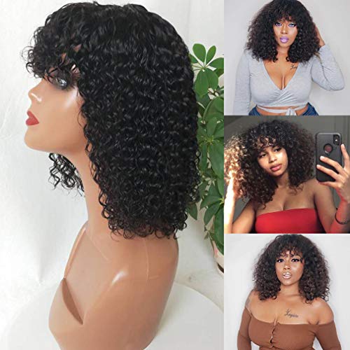 Short Curly Bob Wigs with Bangs 10inch None Lace Front Human Hair Wigs With Baby Hair for Black Women 150% Density Brazilian Virgin Afro Kinky Curly Wigs (10 Inch, Natural Black) - Image 3