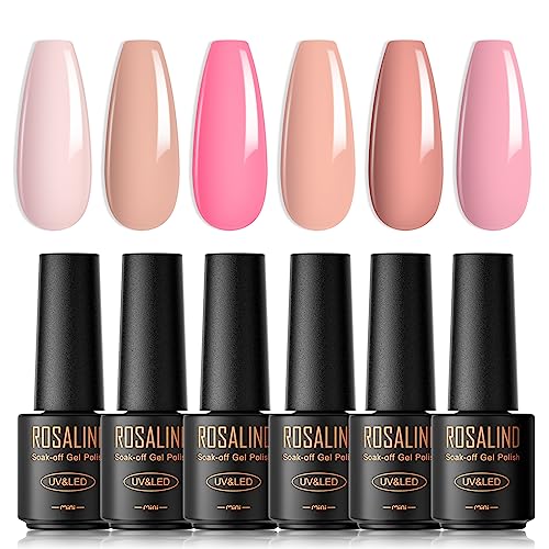 ROSALIND 6PCS Nude Pink Gel Nail Polish Kit Soak Off Manicure Nail Art