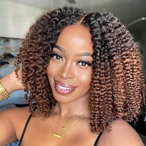 13x6 Lace Front Wigs Human Hair 180% Density Ombre Short Kinky Curly Lace Frontal Wig 1B/30 Pre Plucked with Baby Hair Remy Hair for Black Women (T1B/30,13×6 Lace, 10Inch)