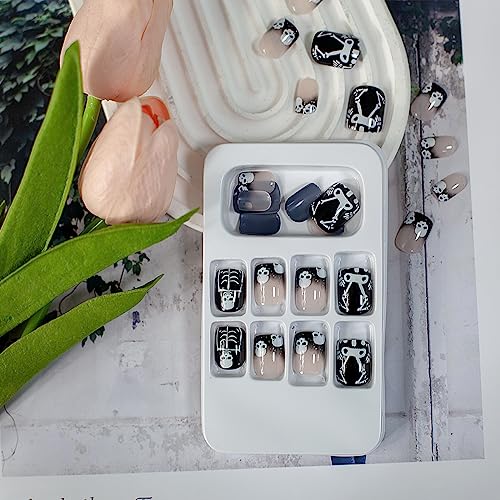 Halloween Short Fake Nails Square Press on Nails Pink Artificial with Black Tips Mysterious Skull Stick on Nails Pattern Quirky Design French Acrylic Holiday Nails Full Cover for Women and Girls 24Pcs - Image 4