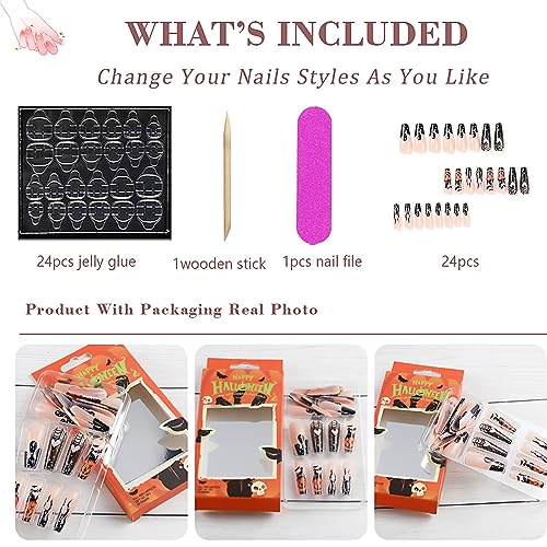 24 Pcs Halloween Press On Nails Coffin Long Black Flame French Fake Nails Horror Pumpkin Designs False Nails Full Cover Glossy Glue On Nails Ballerina Acrylic Nails For Women Girls Nail Art Decoration - Image 6
